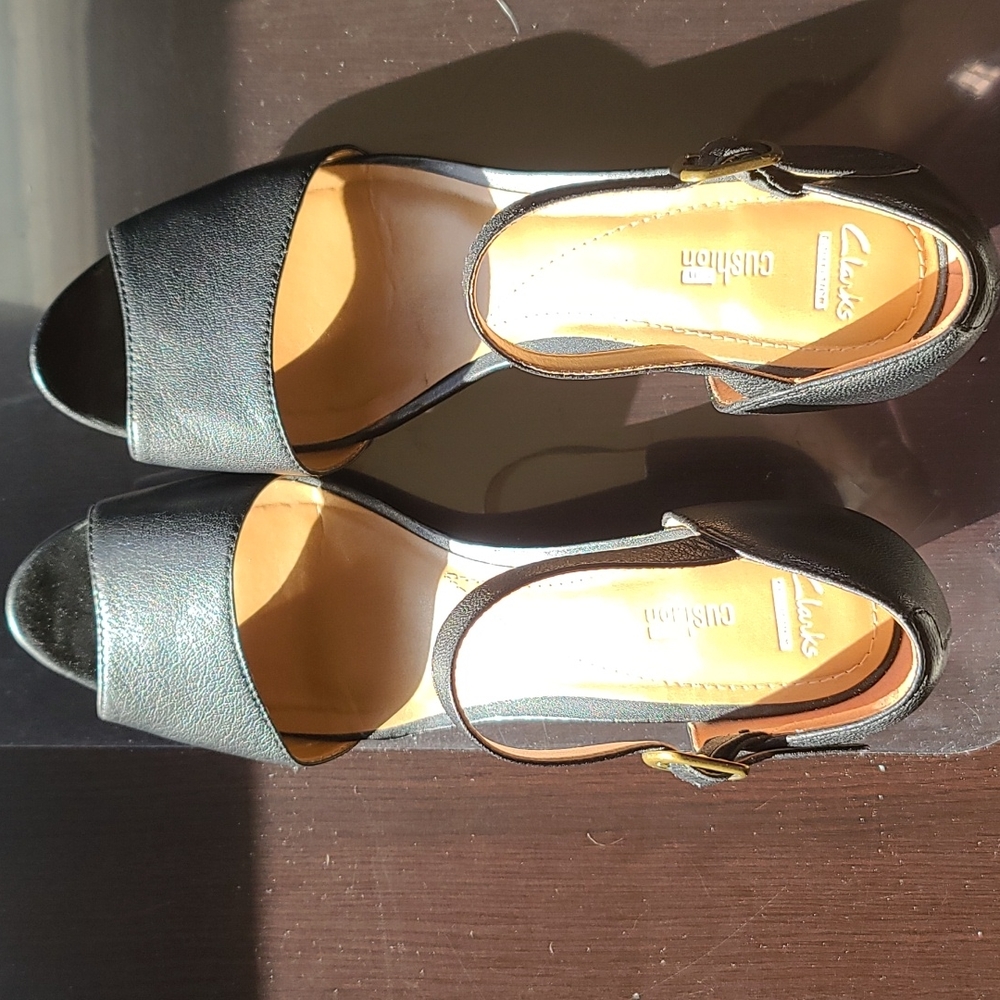 Clarks Black Wedge Sandals with Ankle Strap